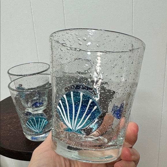Nautical blown glass drinking glasses set of 4 seashell fish - Picture 3 of 6